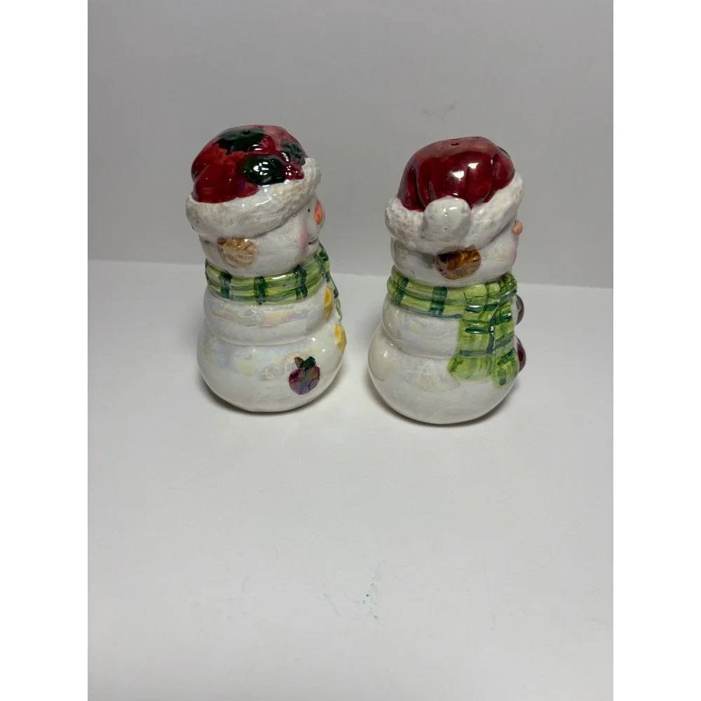 Snowman Salt and Pepper Shaker Set Iridescent Christmas Holiday Decor Ceramic
